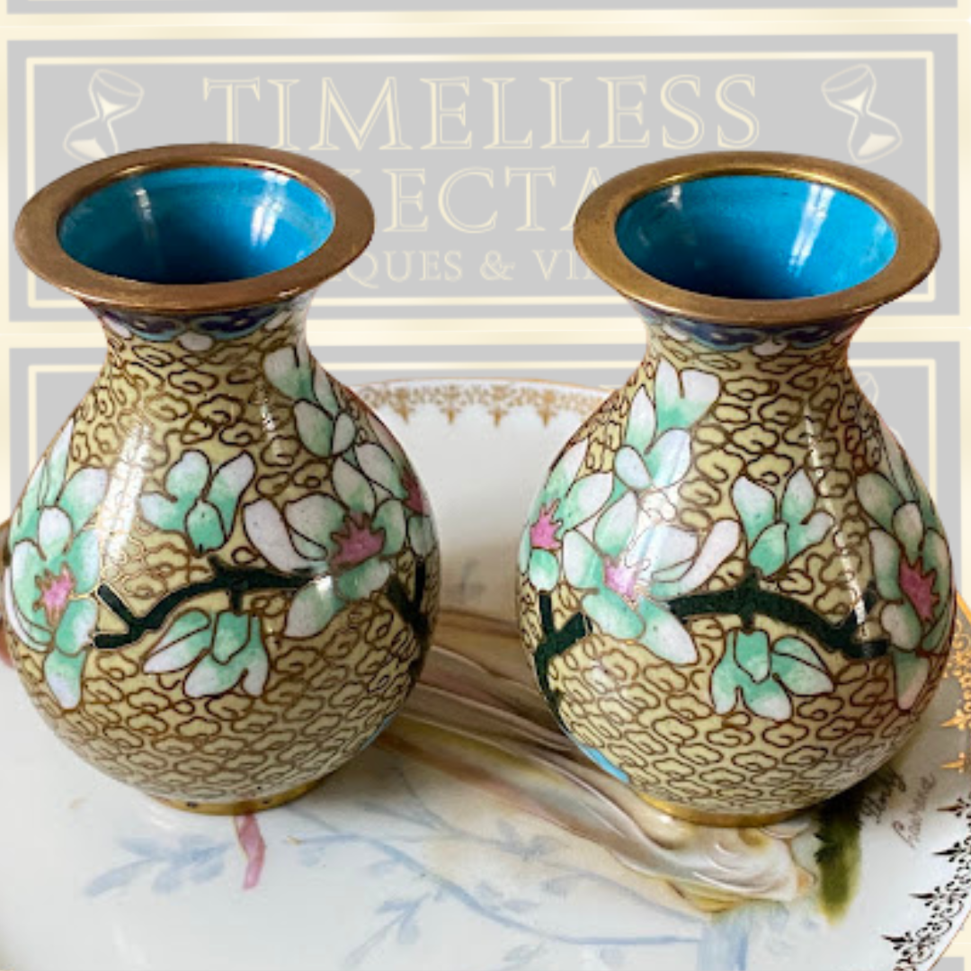 Vintage Pair Chinese Floral Blossom Cloisonné Enamel Miniature Vases