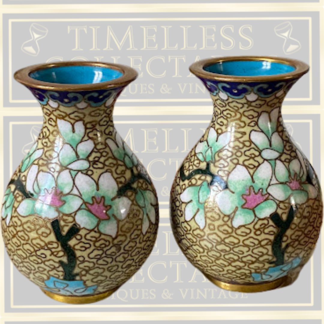 Vintage Pair Chinese Floral Blossom Cloisonné Enamel Miniature Vases