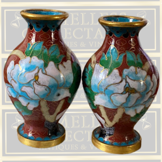 pair of vintage Chinese cloisonné enamel vases decorated with peonies.