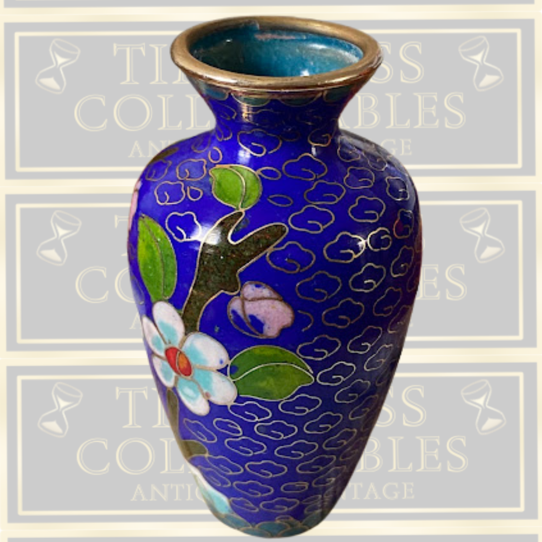 Vintage Cloisonné Blue Floral Bud Enamel Vase