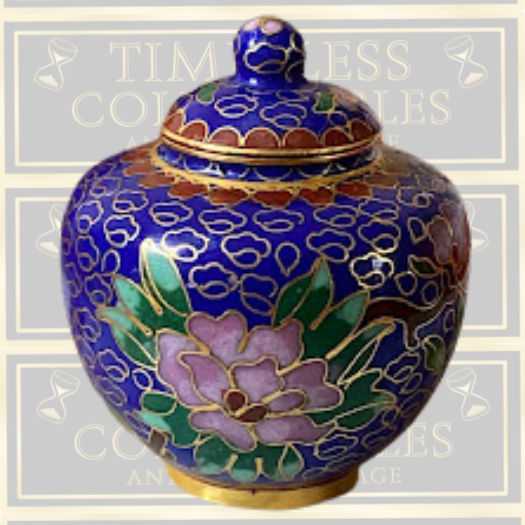 Vintage Cloisonne Enamel and Bronze Floral Navy Blue Urn
