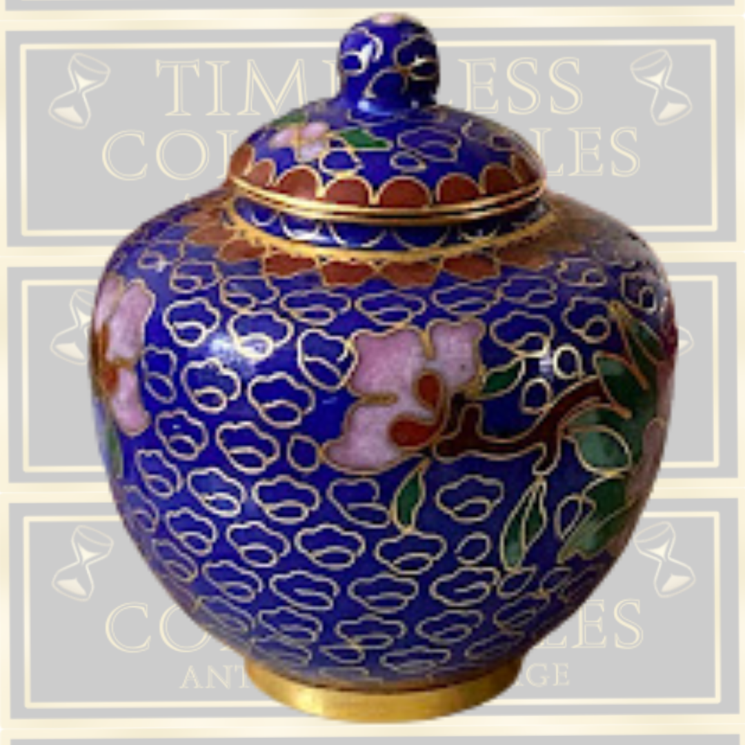 Vintage Cloisonne Enamel and Bronze Floral Navy Blue Urn