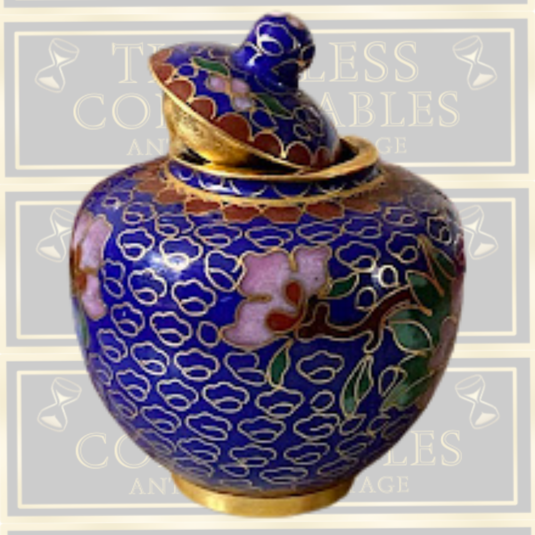 Vintage Cloisonne Enamel and Bronze Floral Navy Blue Urn