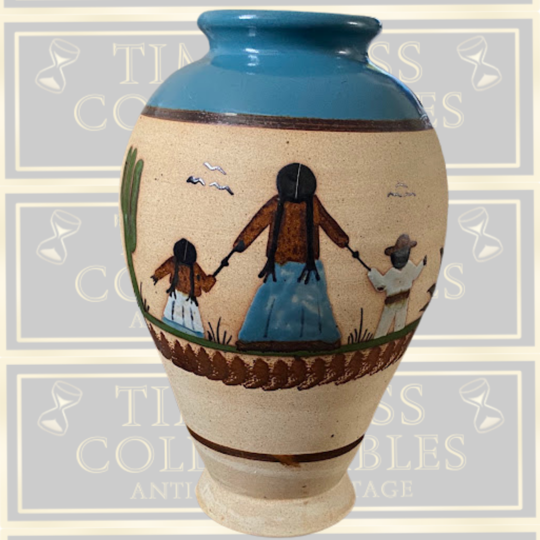 Vintage Large Mexican Pottery Vase Hand-Painted Mother & Children