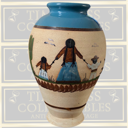 Vintage Large Mexican Pottery Vase Hand-Painted Mother & Children