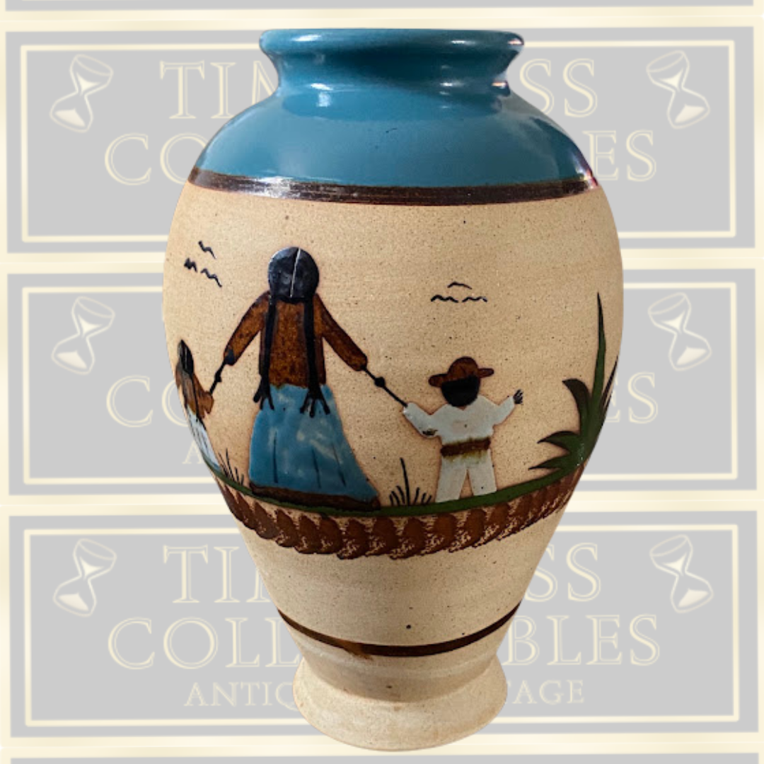 Vintage Large Mexican Pottery Vase Hand-Painted Mother & Children