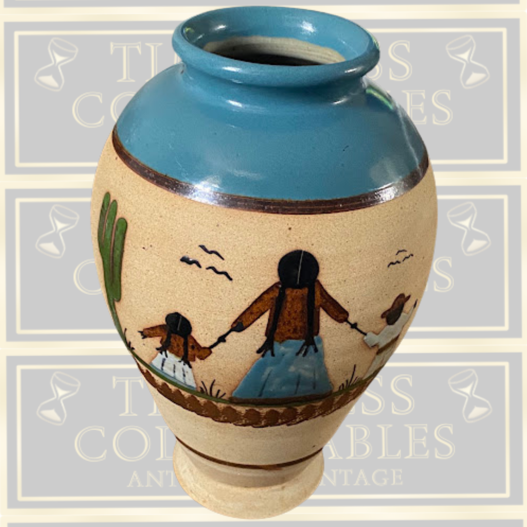 Vintage Large Mexican Pottery Vase Hand-Painted Mother & Children