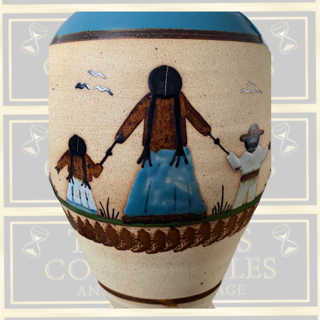 Vintage Large Mexican Pottery Vase Hand-Painted Mother & Children
