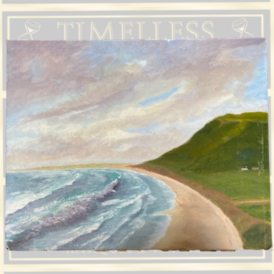 Vintage oil painting depicting Rhossili Beach