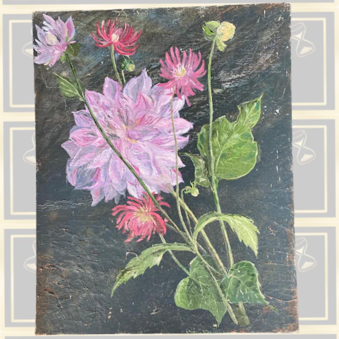 Vintage Floral Oil Painting Pink Dahlias