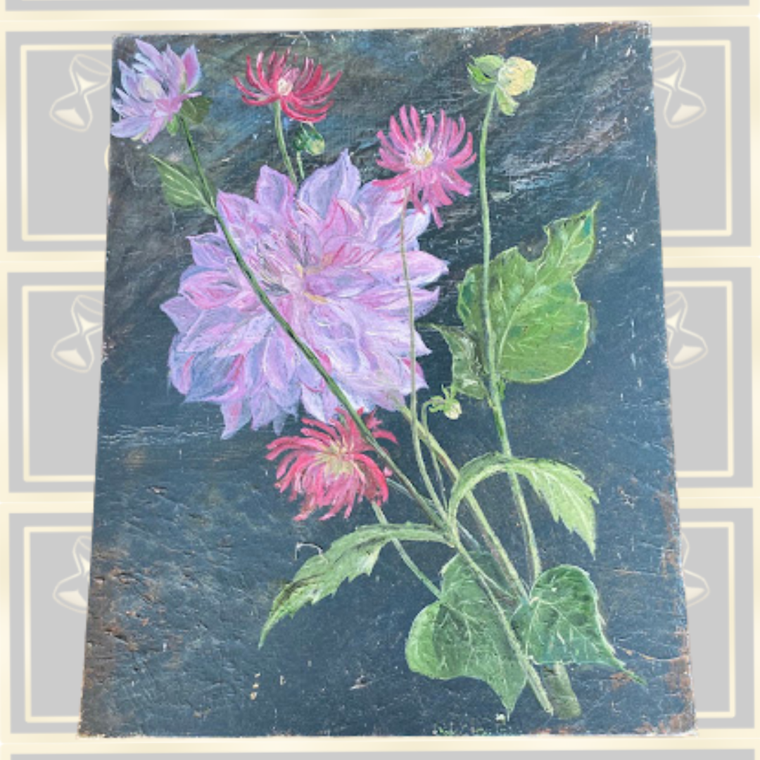 Vintage Floral Oil Painting Pink Dahlias