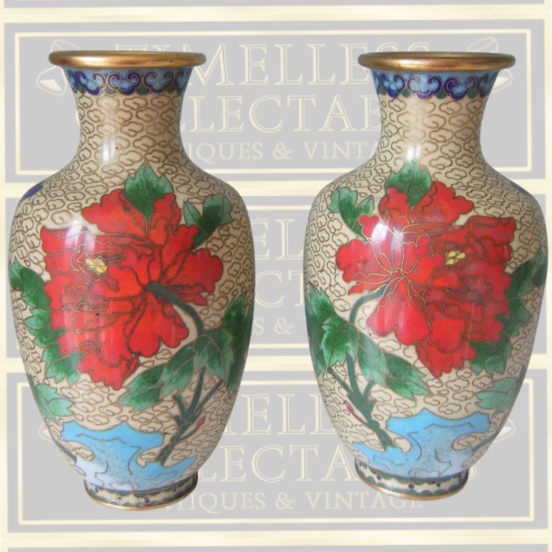 Vintage Pair Chinese Cloisonne Red Lotus Flower Vases