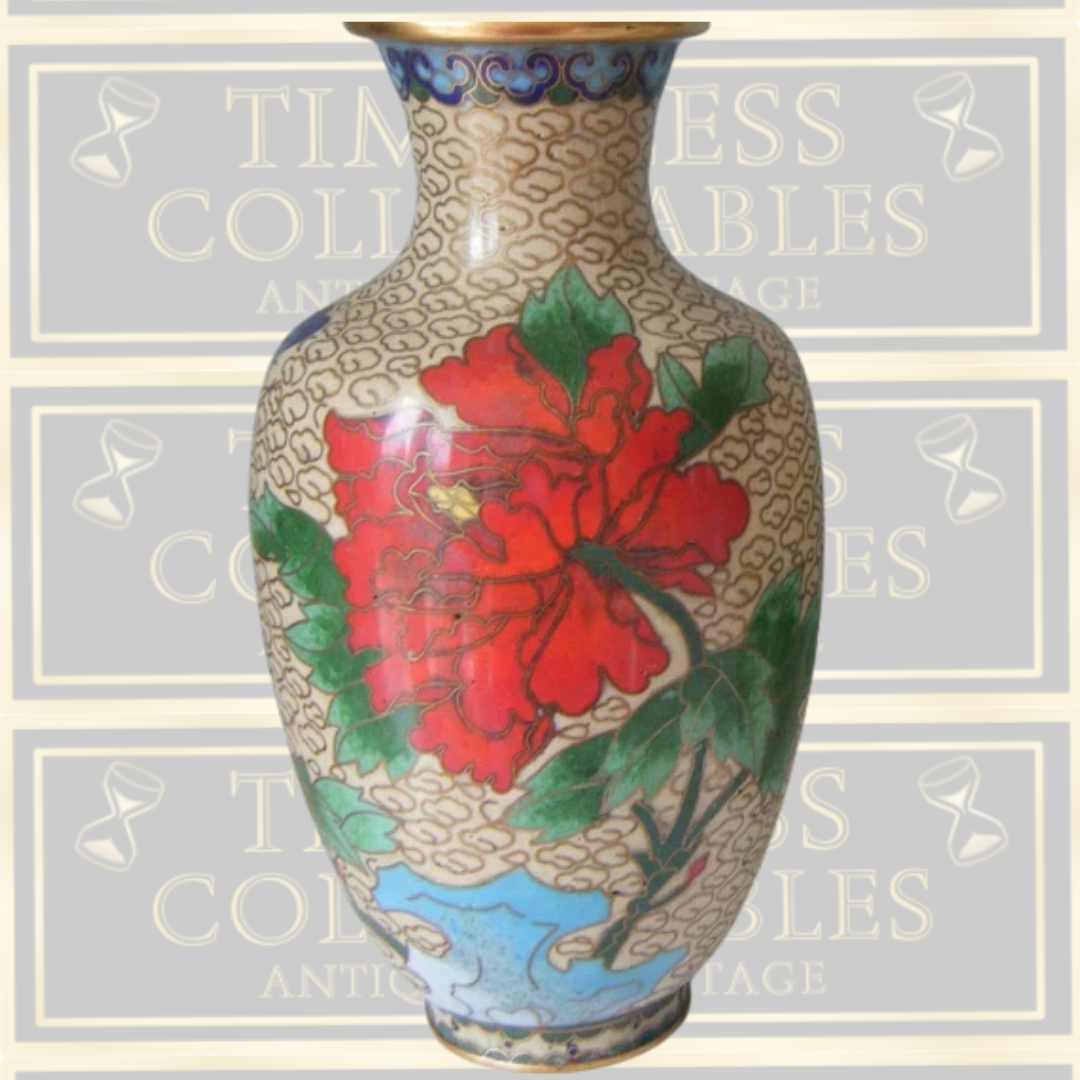 Vintage Pair Chinese Cloisonne Red Lotus Flower Vases