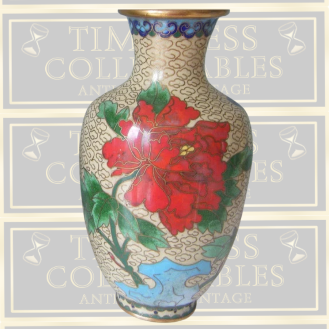 Vintage Pair Chinese Cloisonne Red Lotus Flower Vases