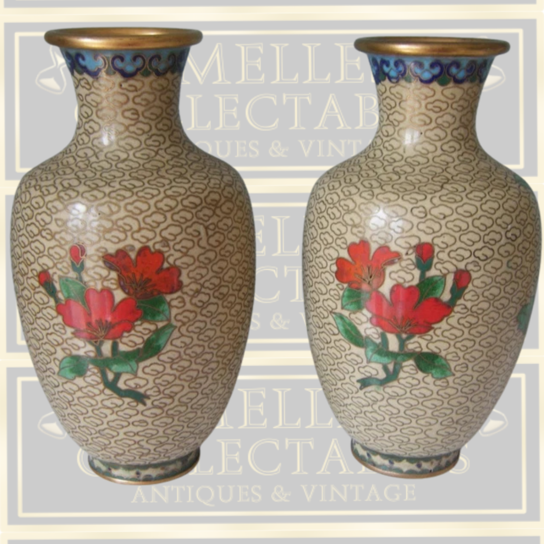 Vintage Pair Chinese Cloisonne Red Lotus Flower Vases