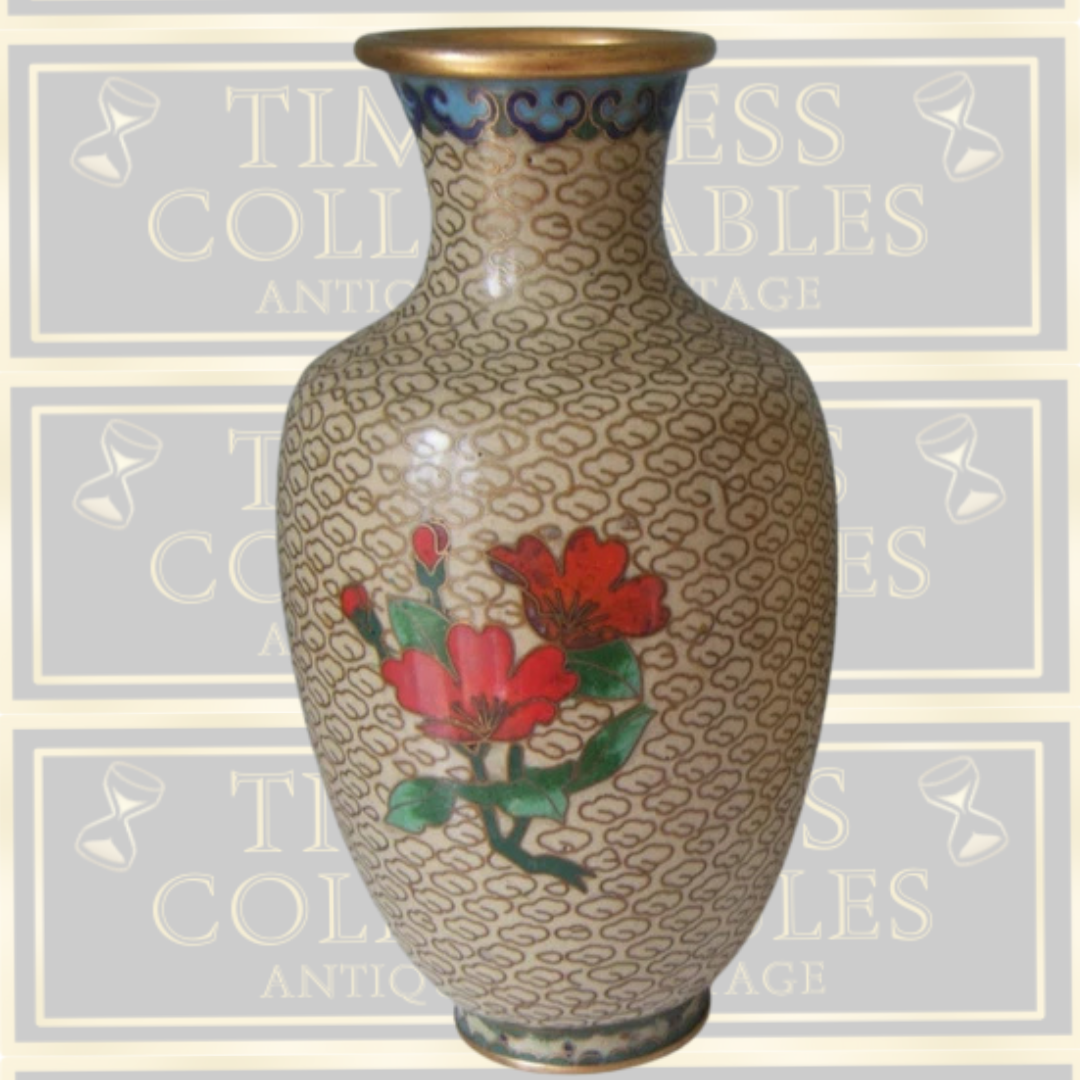 Vintage Pair Chinese Cloisonne Red Lotus Flower Vases
