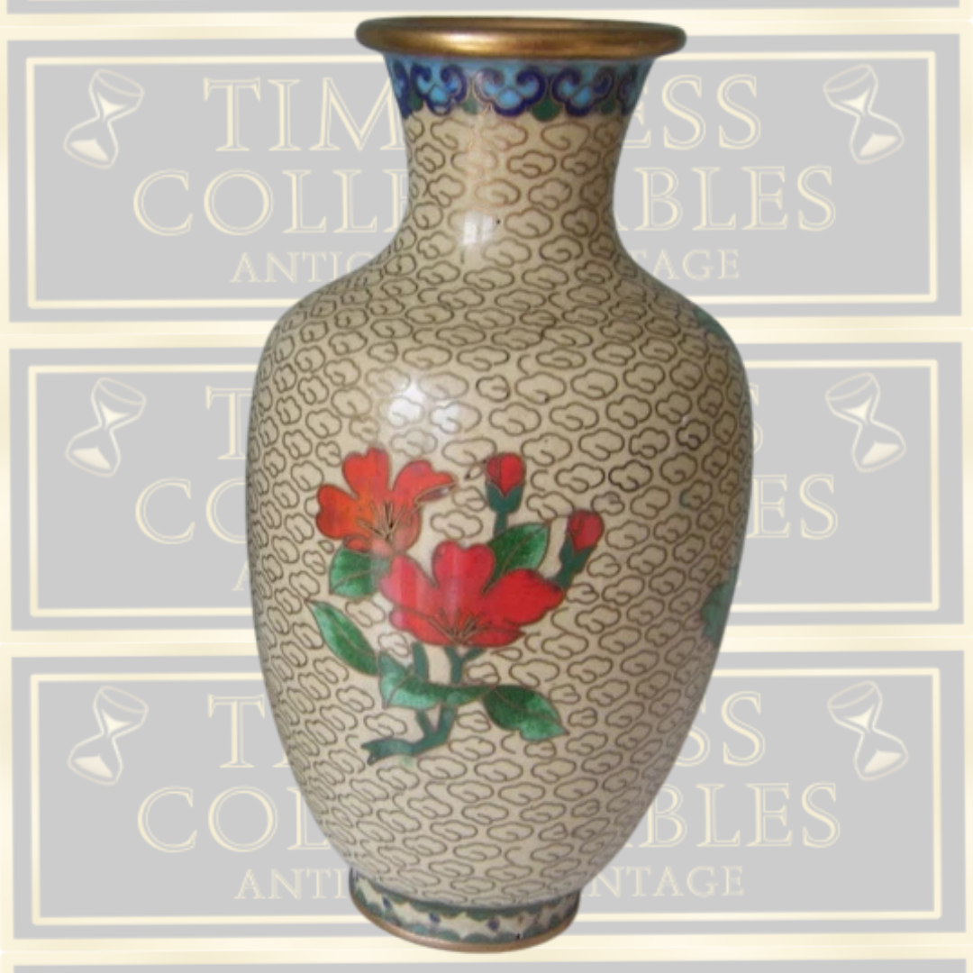 Vintage Pair Chinese Cloisonne Red Lotus Flower Vases