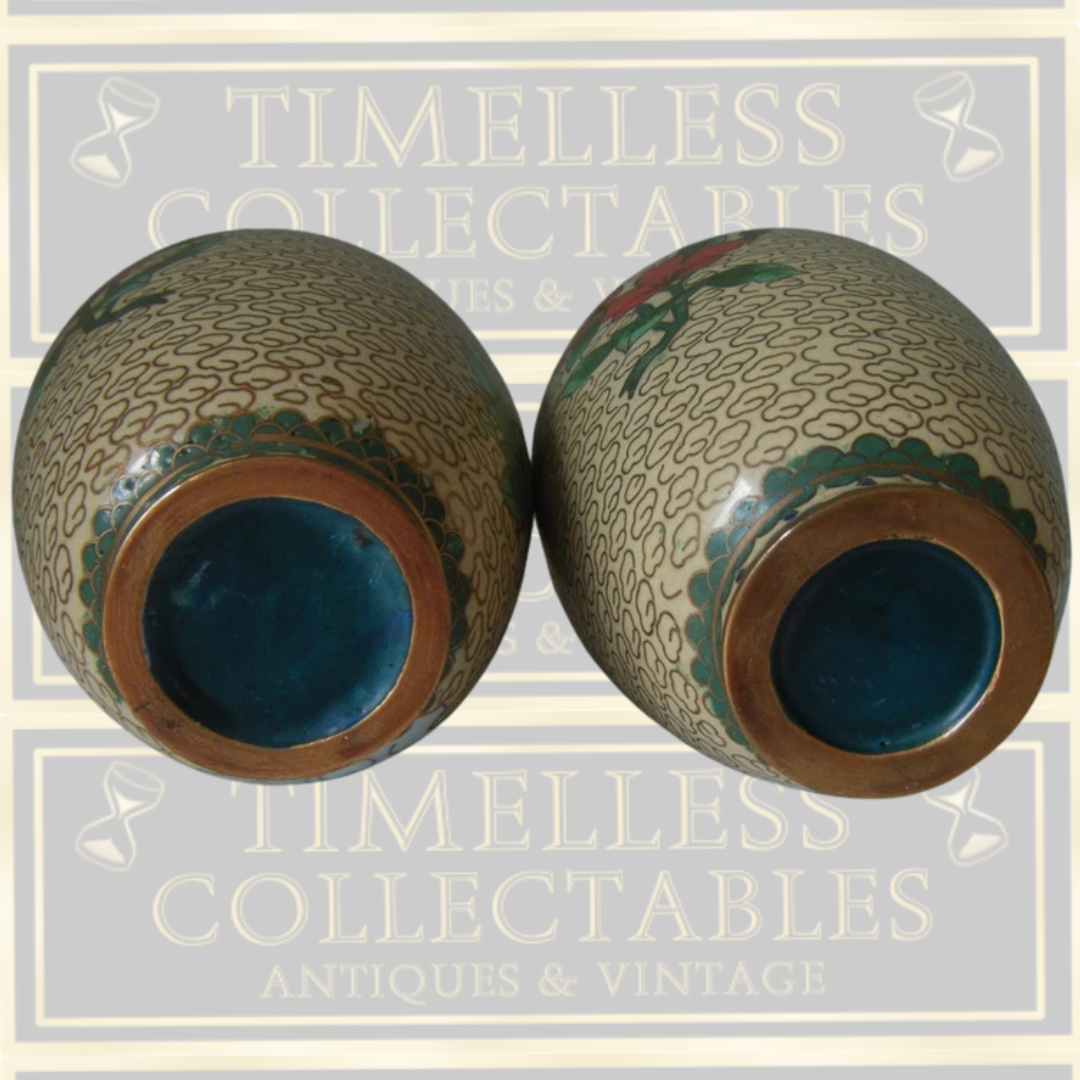 Vintage Pair Chinese Cloisonne Red Lotus Flower Vases
