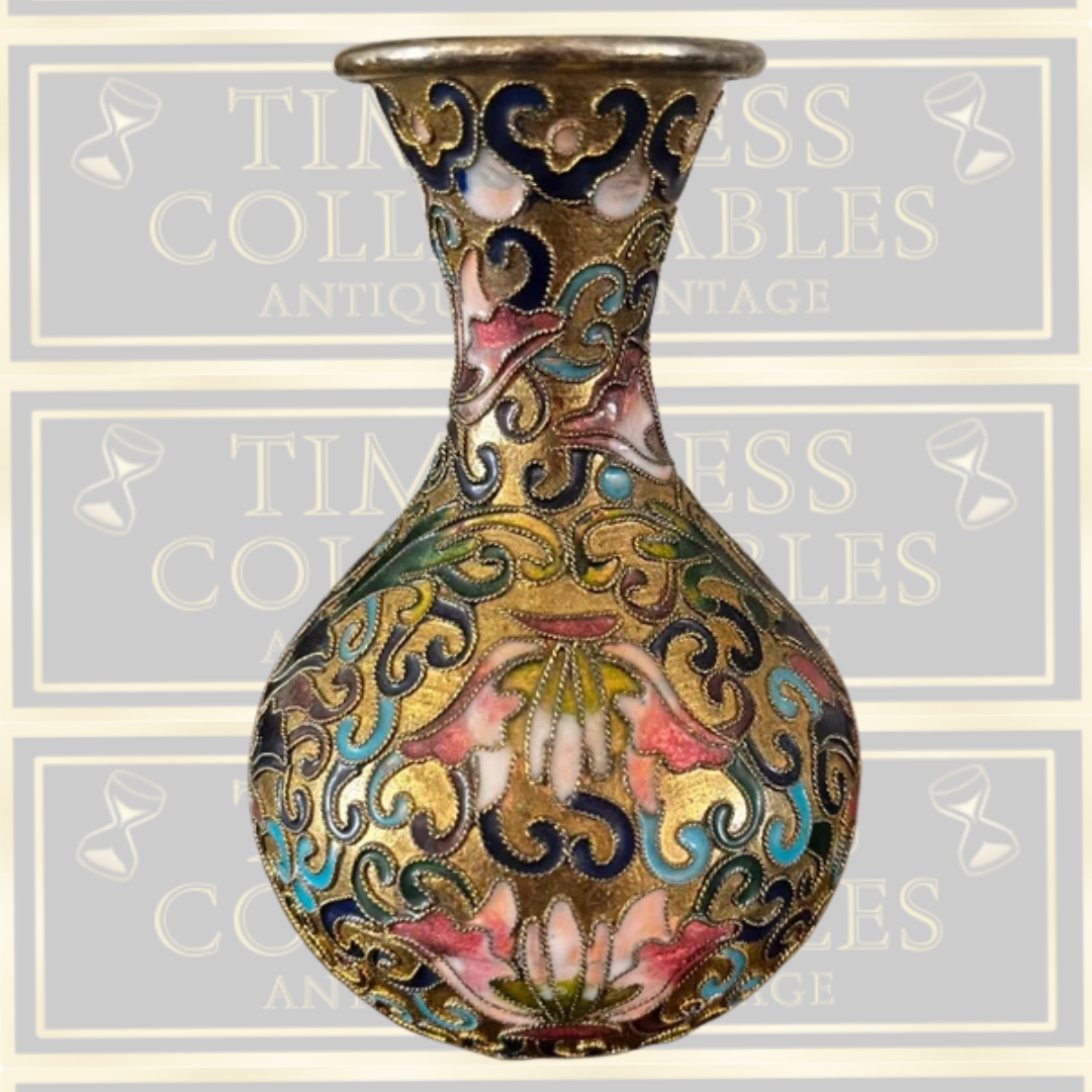 Vintage Pair Gold Chinese Cloisonné Bud Vases