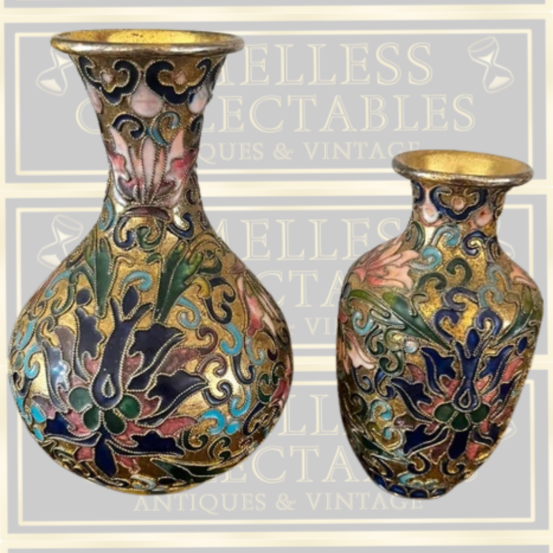 Vintage Pair Gold Chinese Cloisonné Bud Vases