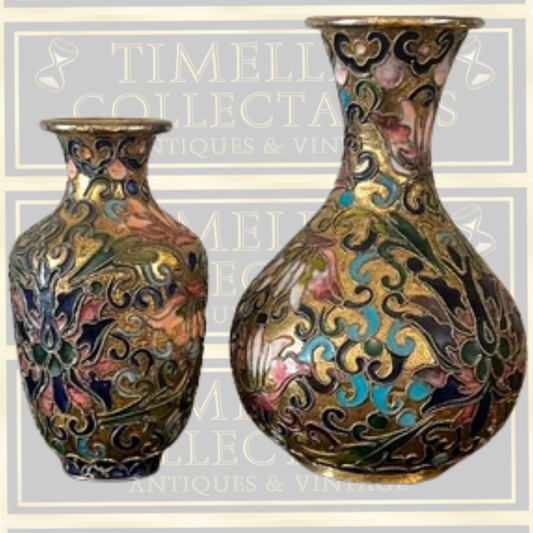 Vintage Pair Gold Chinese Cloisonné Bud Vases