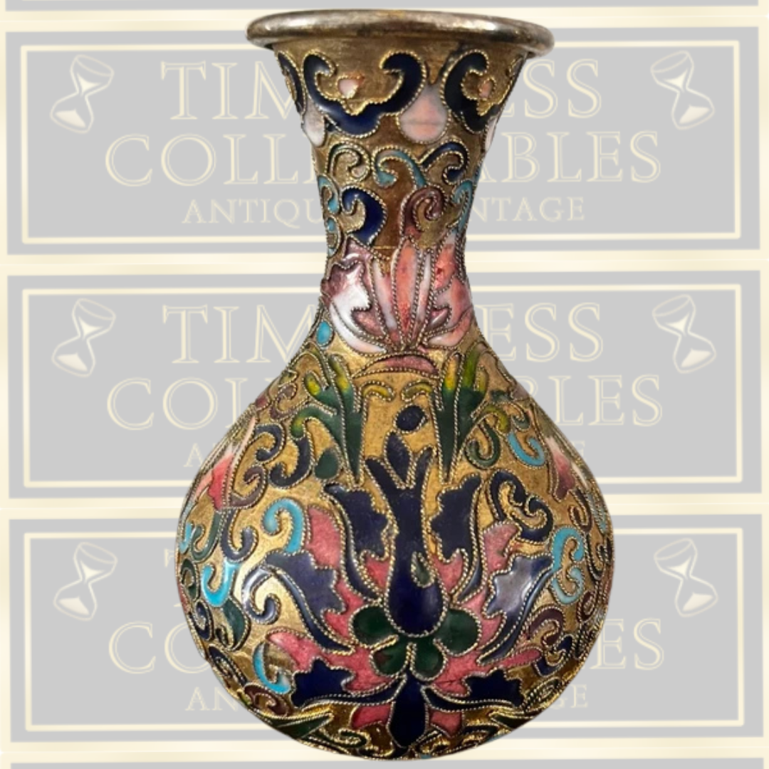 Vintage Pair Gold Chinese Cloisonné Bud Vases