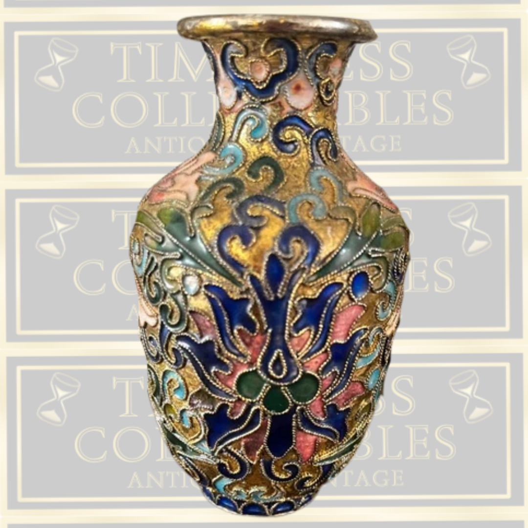 Vintage Pair Gold Chinese Cloisonné Bud Vases