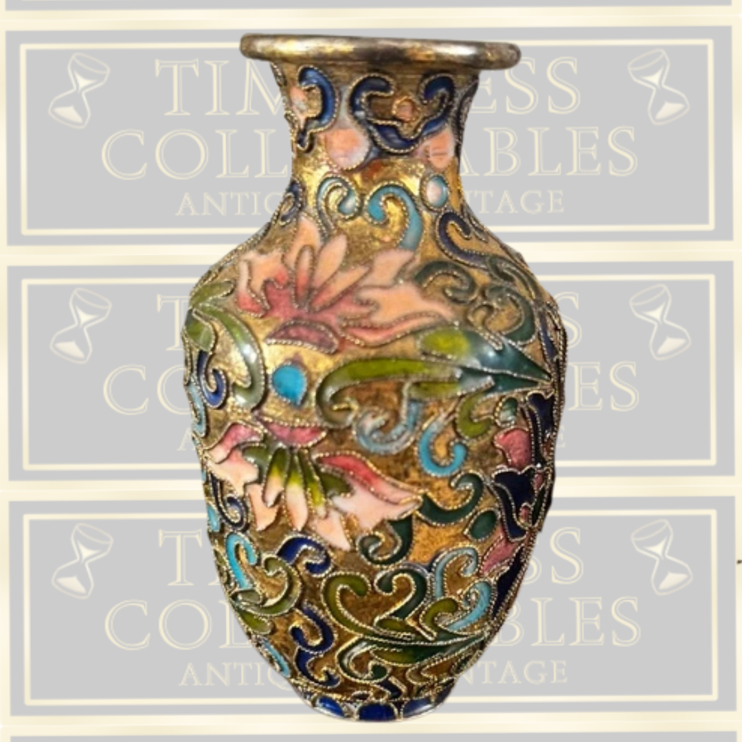 Vintage Pair Gold Chinese Cloisonné Bud Vases