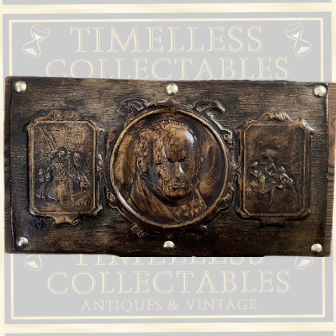 Vintage Embossed Leather Medallion Portrait With Two Panel Scenes On Wood