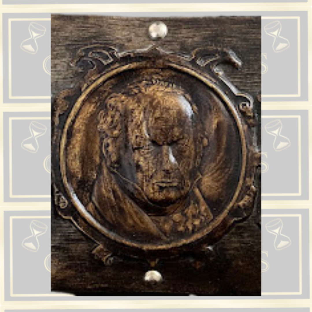 Vintage Embossed Leather Medallion Portrait With Two Panel Scenes On Wood