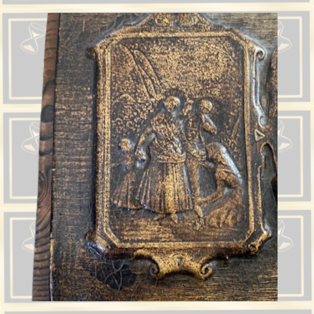 Vintage Embossed Leather Medallion Portrait With Two Panel Scenes On Wood