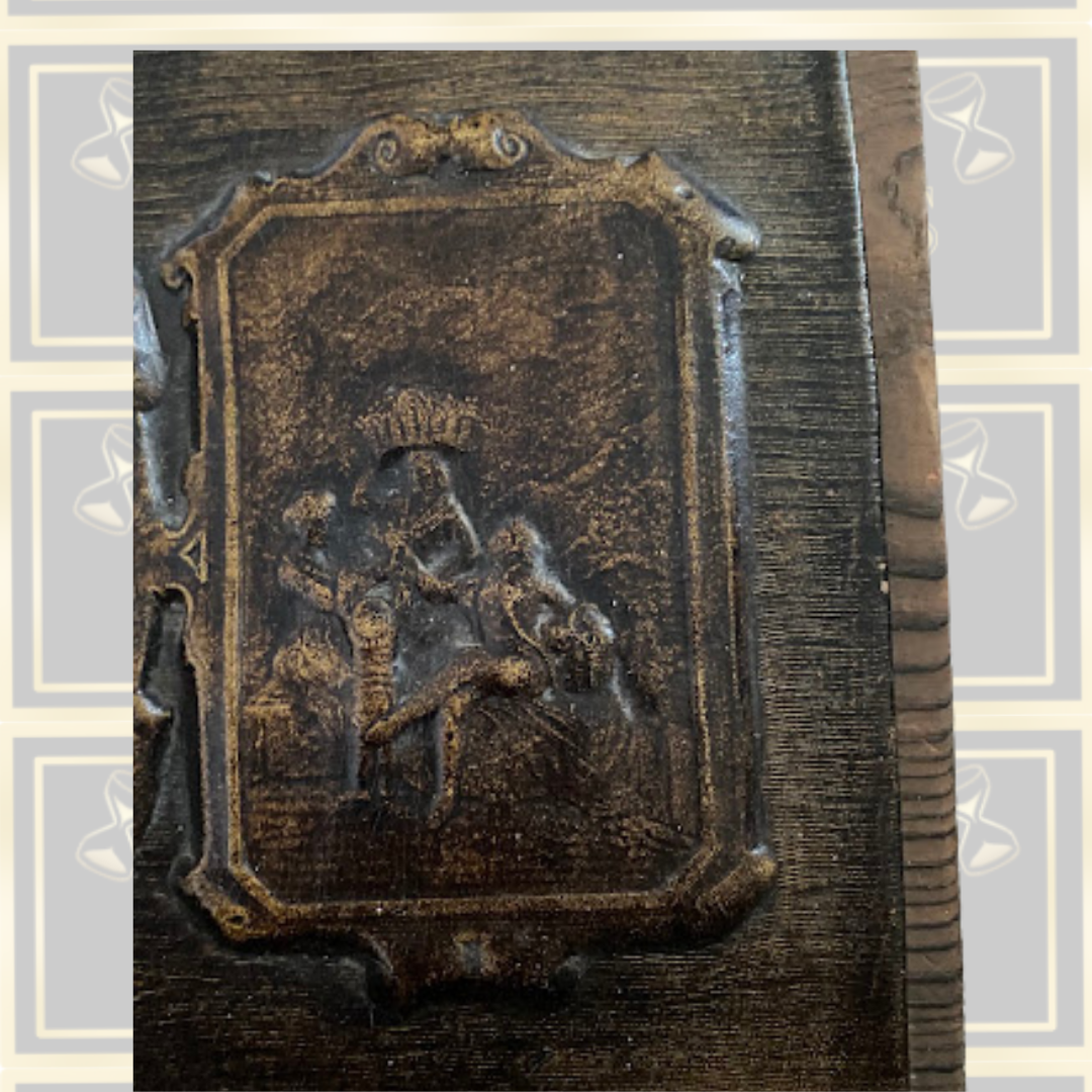 Vintage Embossed Leather Medallion Portrait With Two Panel Scenes On Wood
