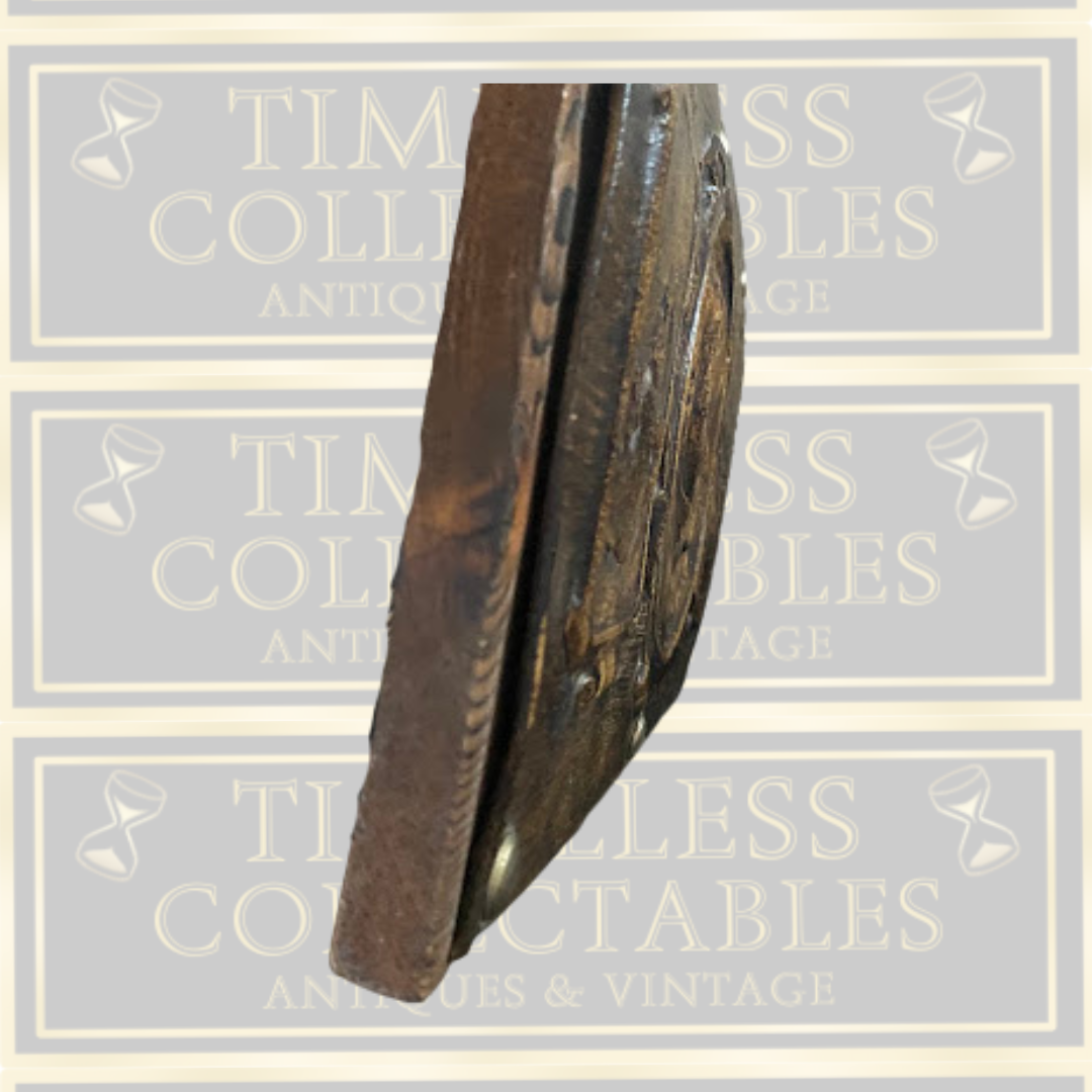 Vintage Embossed Leather Medallion Portrait With Two Panel Scenes On Wood