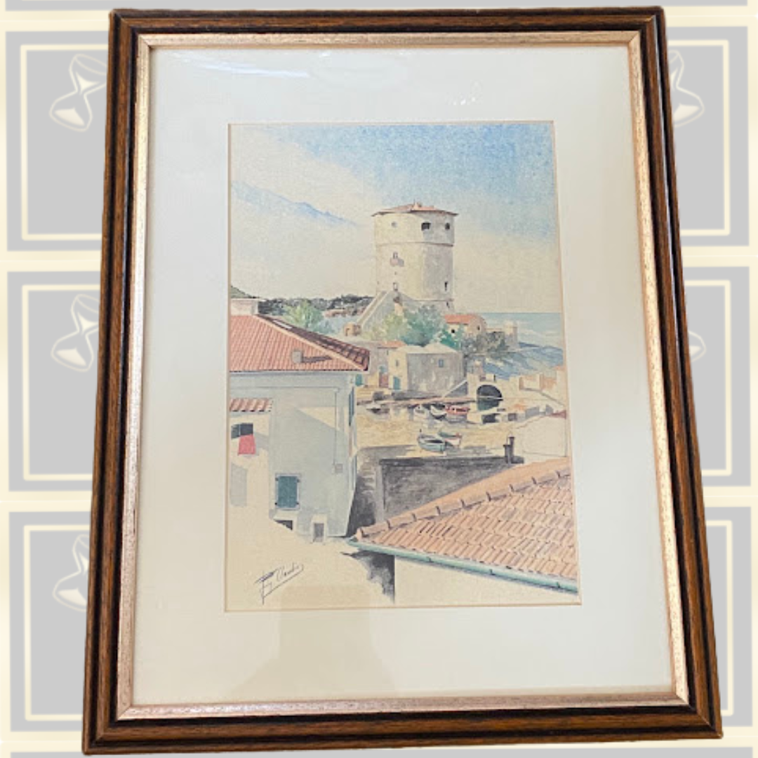 Vintage Artist-Signed Mediterranean Harbor Town Watercolour