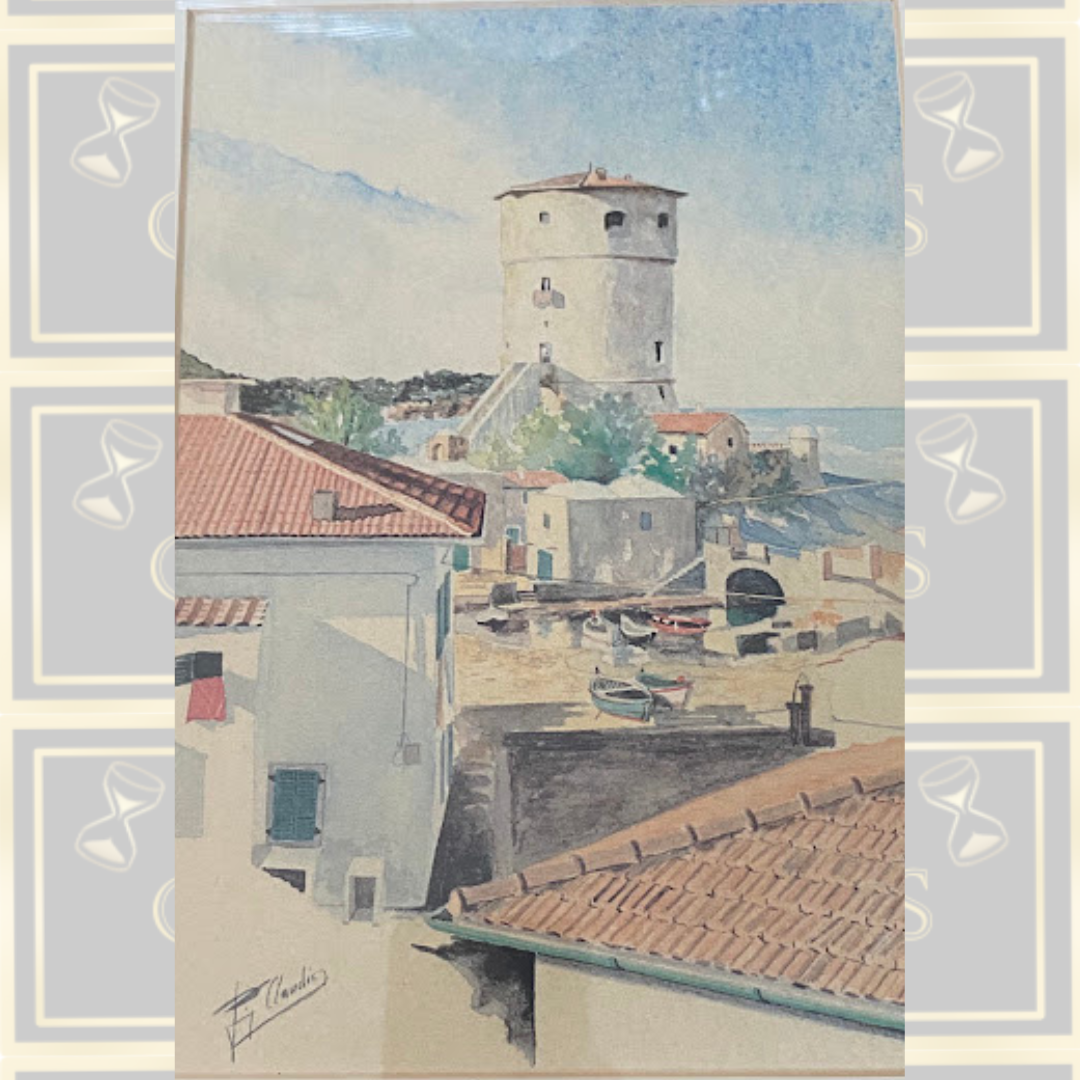 Vintage Artist-Signed Mediterranean Harbor Town Watercolour