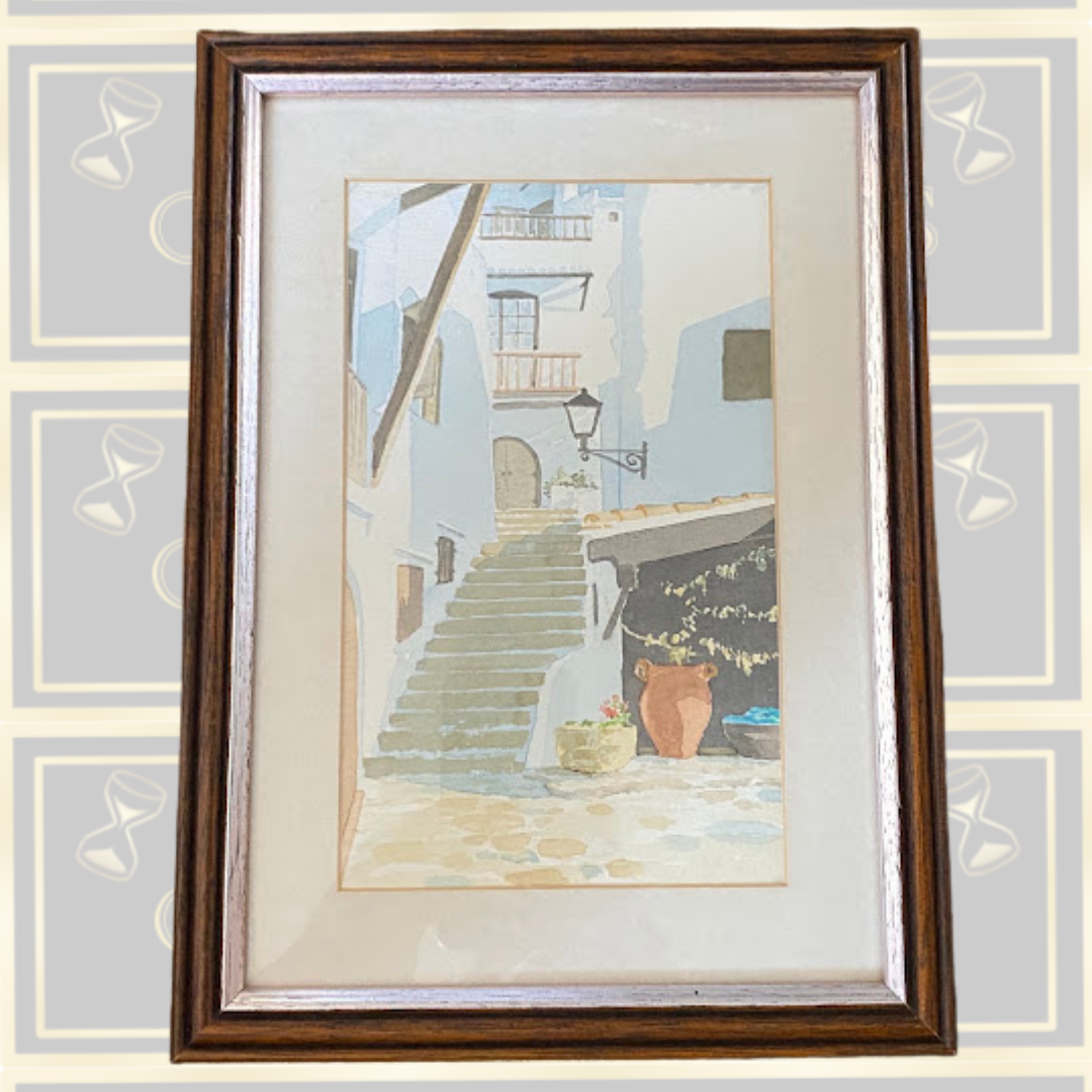 Vintage Framed Watercolour Mediterranean village life