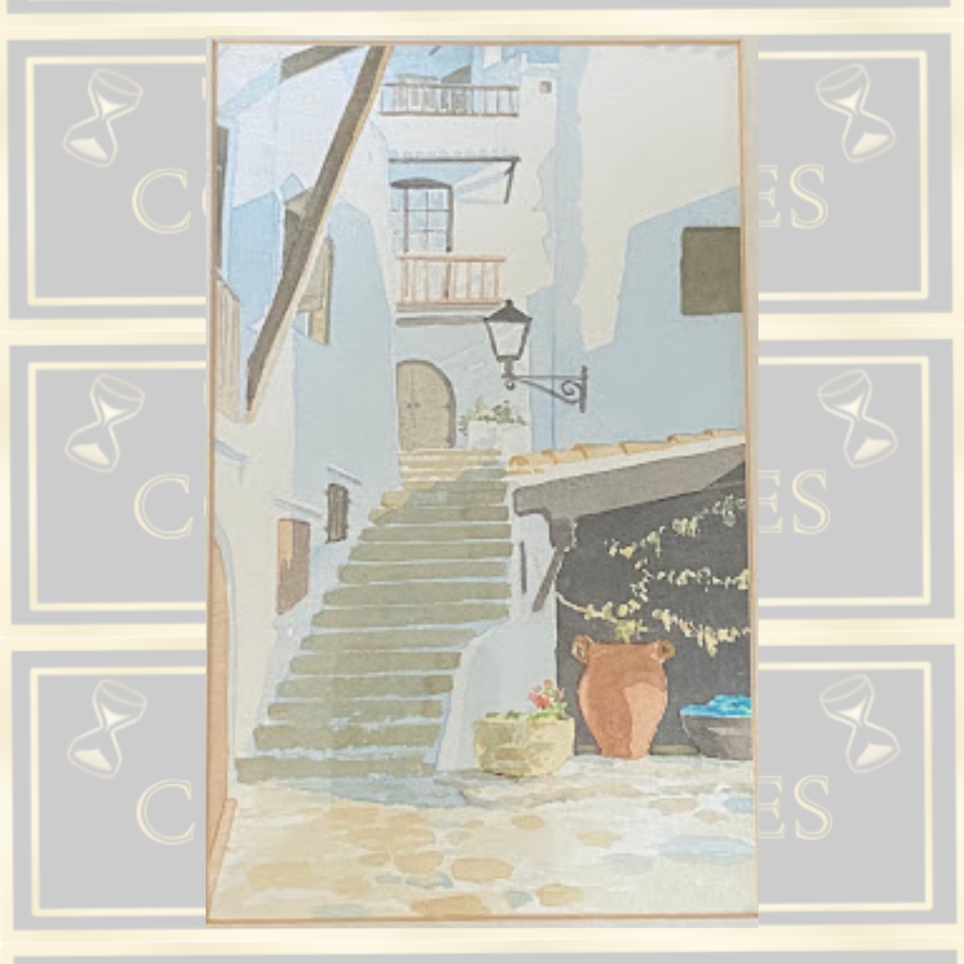 Vintage Framed Watercolour Mediterranean village life
