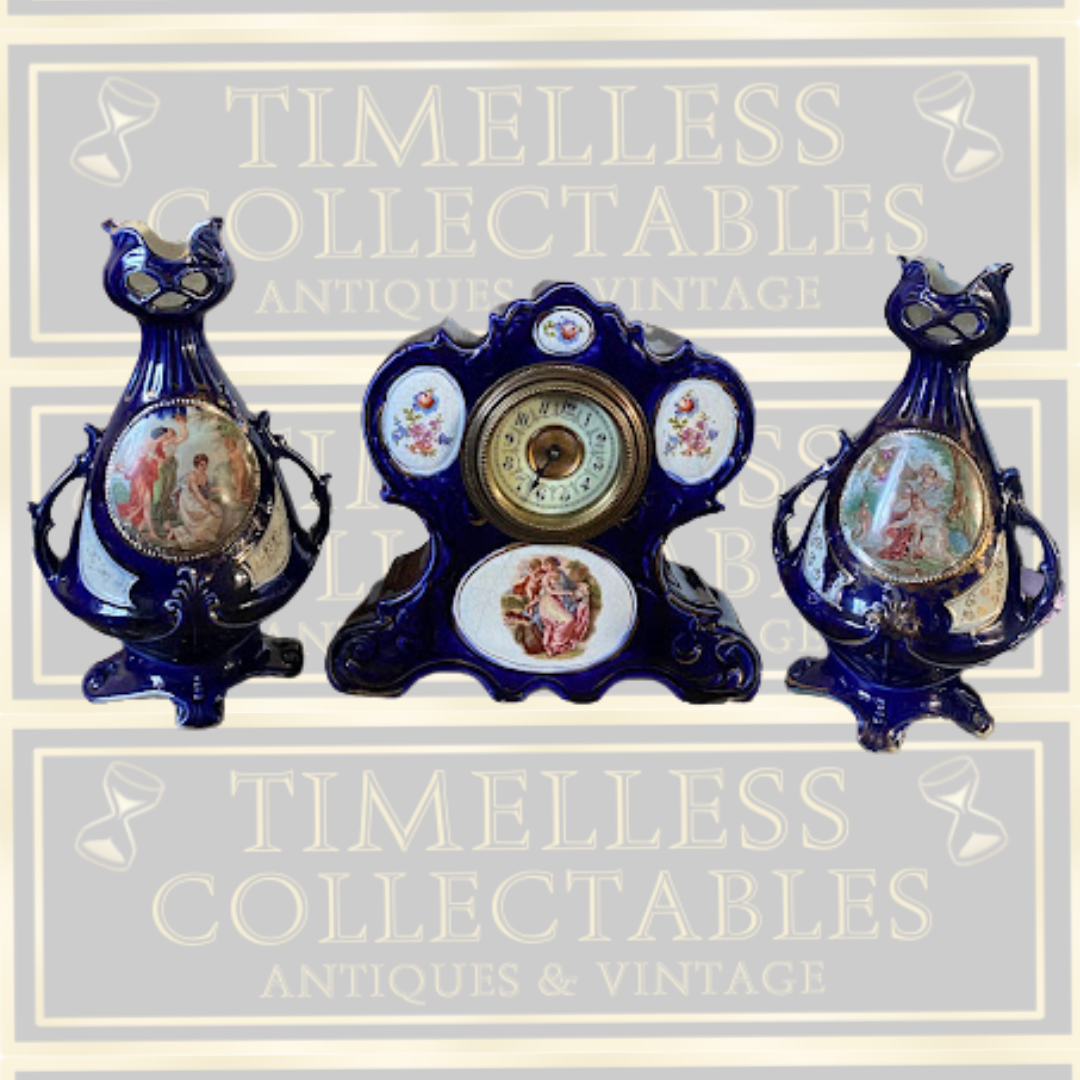Antique Cobalt Gilded Clock & Two Vases Garniture Picture Panels