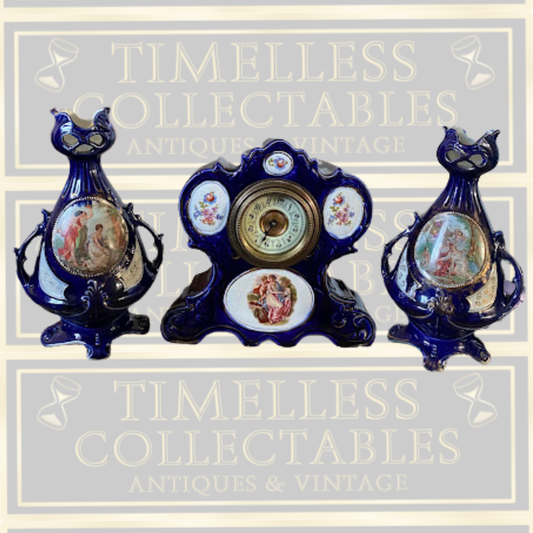 Antique Cobalt Gilded Clock & Two Vases Garniture Picture Panels