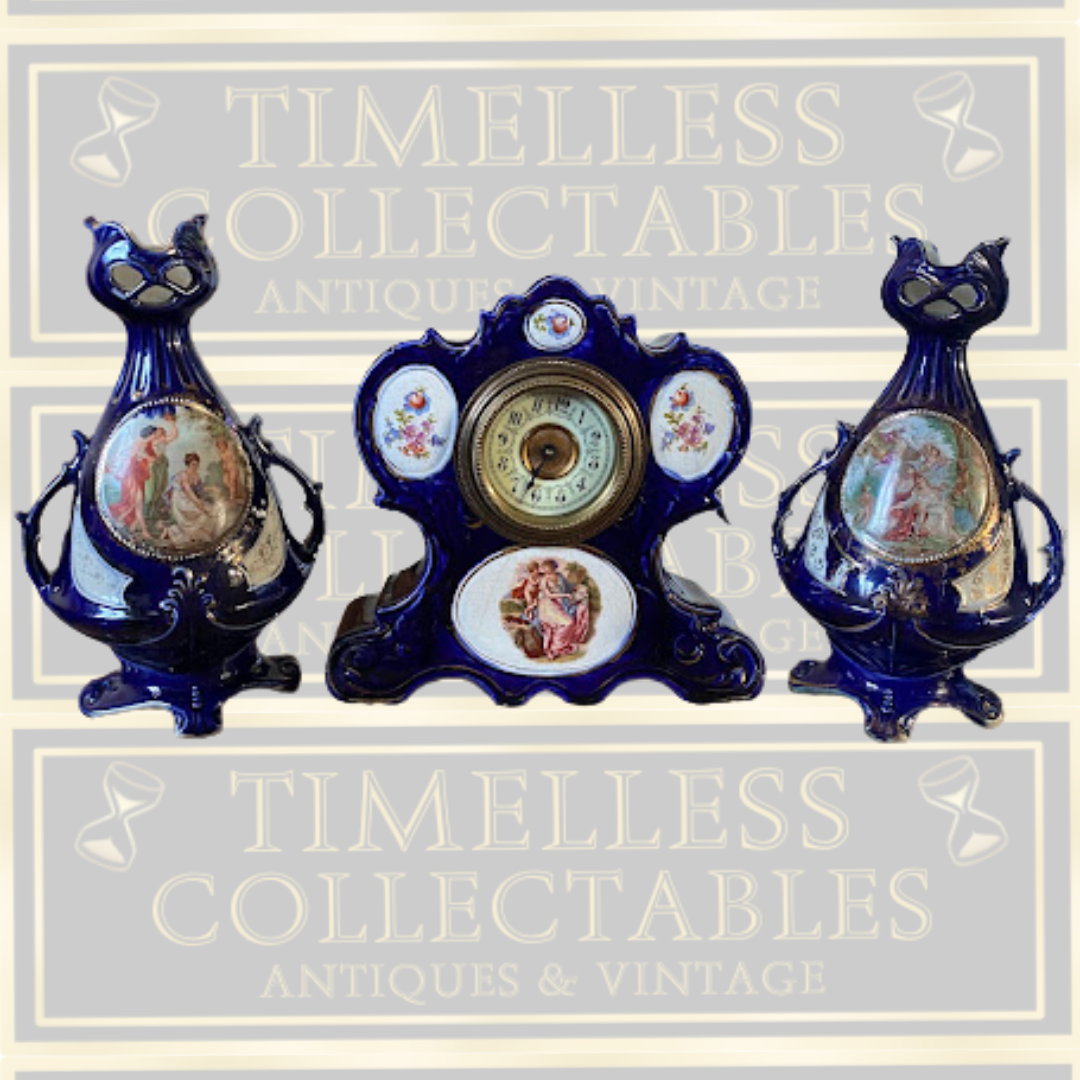 Antique Cobalt Gilded Clock & Two Vases Garniture Picture Panels