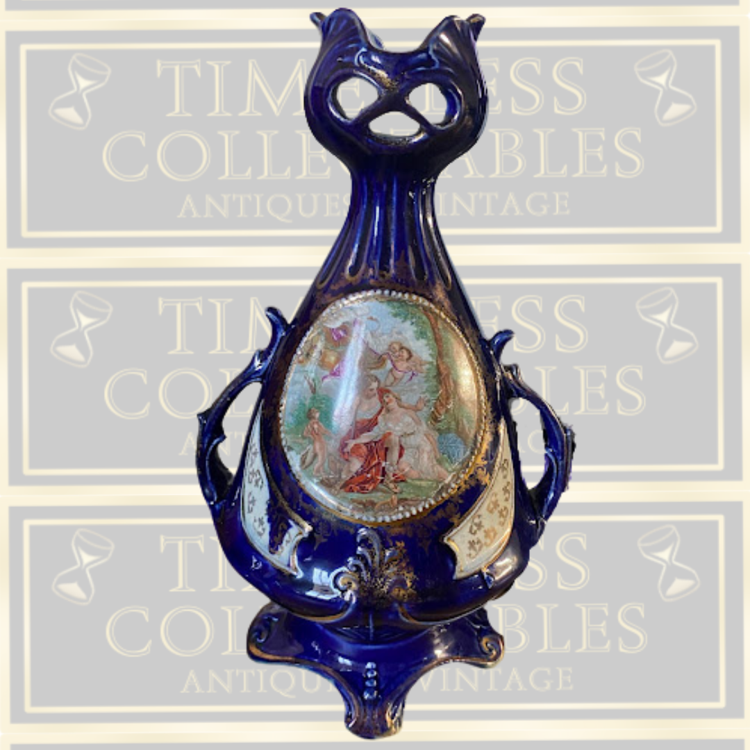 Antique Cobalt Gilded Clock & Two Vases Garniture Picture Panels