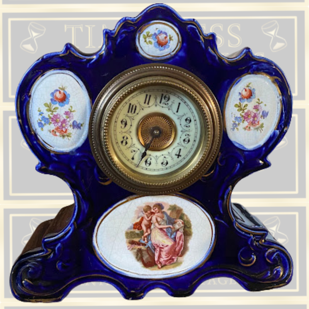 Antique Cobalt Gilded Clock & Two Vases Garniture Picture Panels