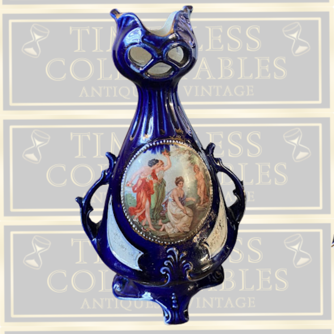 Antique Cobalt Gilded Clock & Two Vases Garniture Picture Panels