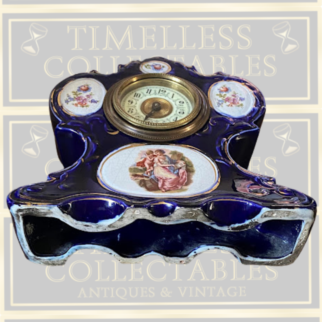Antique Cobalt Gilded Clock & Two Vases Garniture Picture Panels