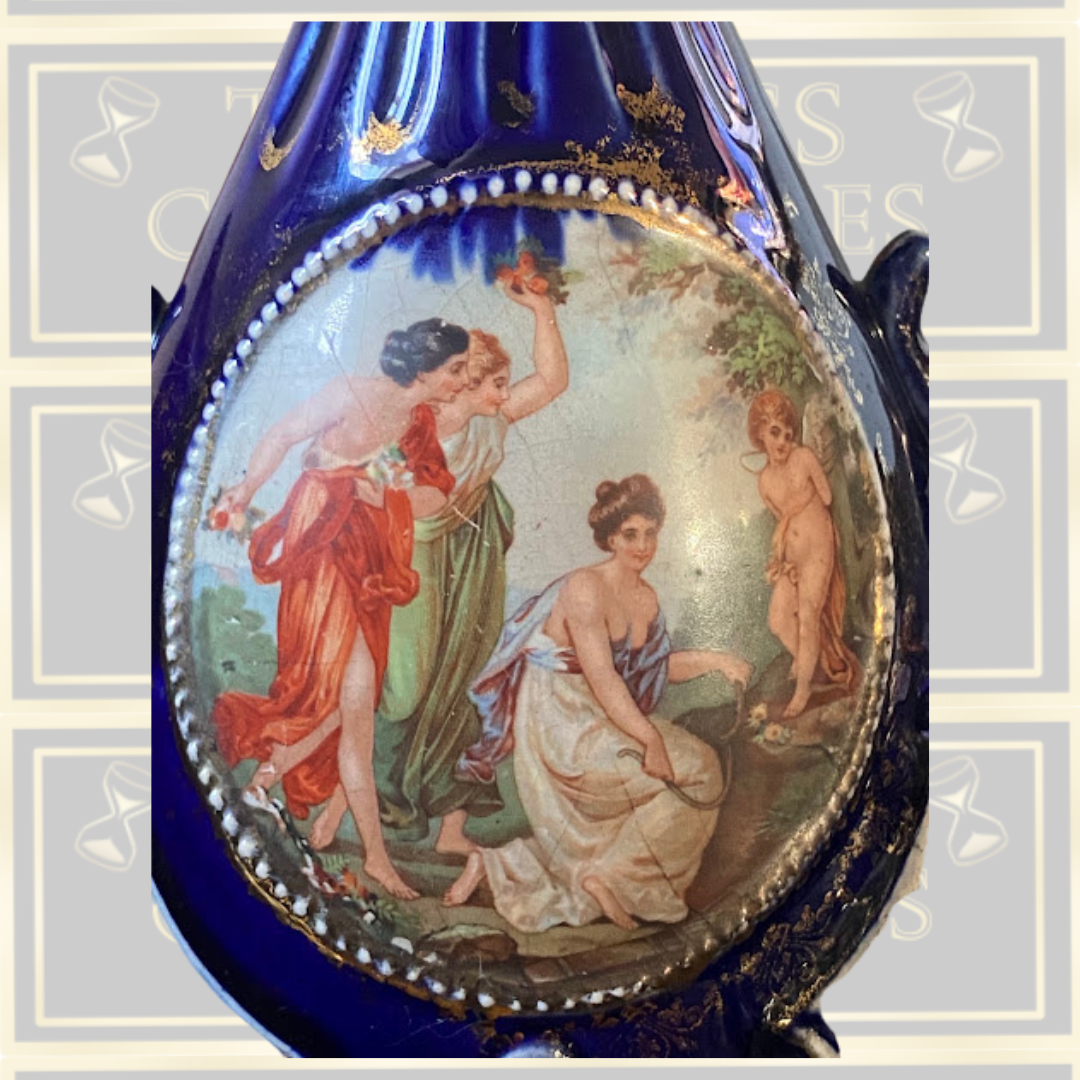 Antique Cobalt Gilded Clock & Two Vases Garniture Picture Panels