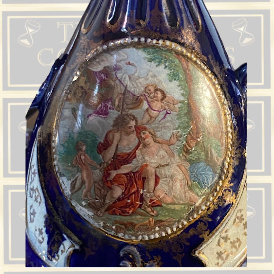 Antique Cobalt Gilded Clock & Two Vases Garniture Picture Panels