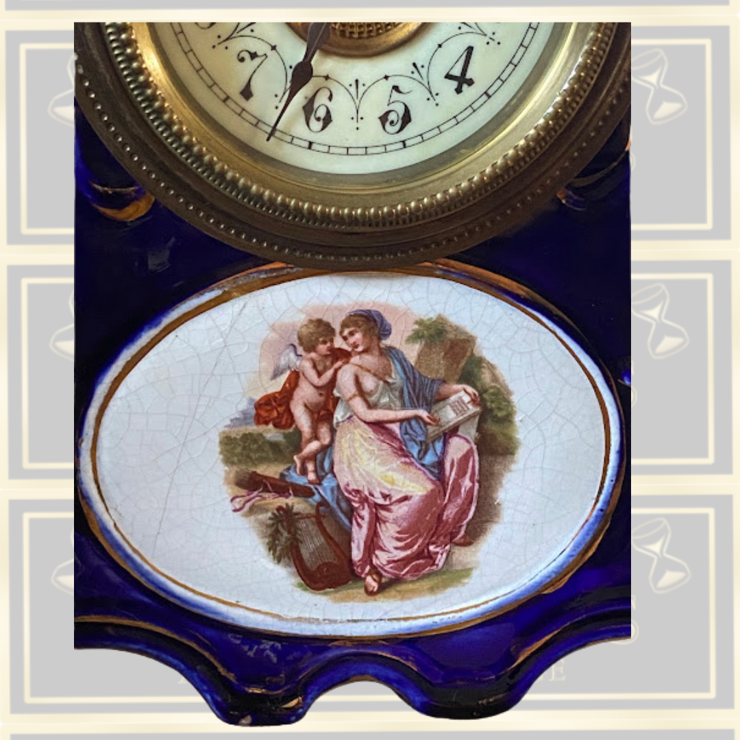 Antique Cobalt Gilded Clock & Two Vases Garniture Picture Panels