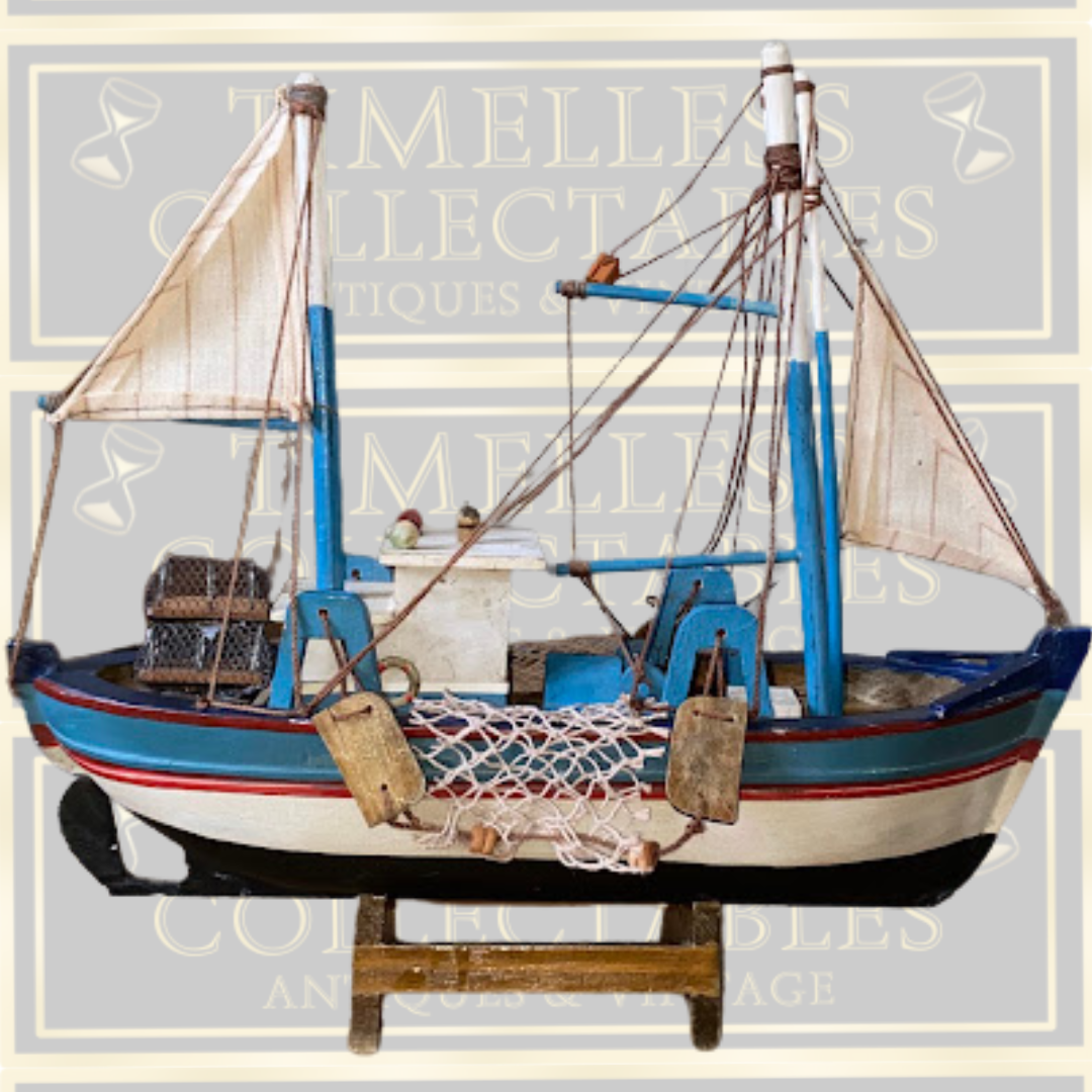 Vintage Handcrafted Wooden Model Fishing Trawler