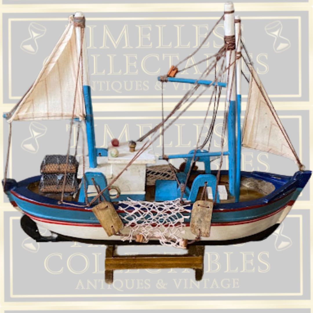Vintage Handcrafted Wooden Model Fishing Trawler