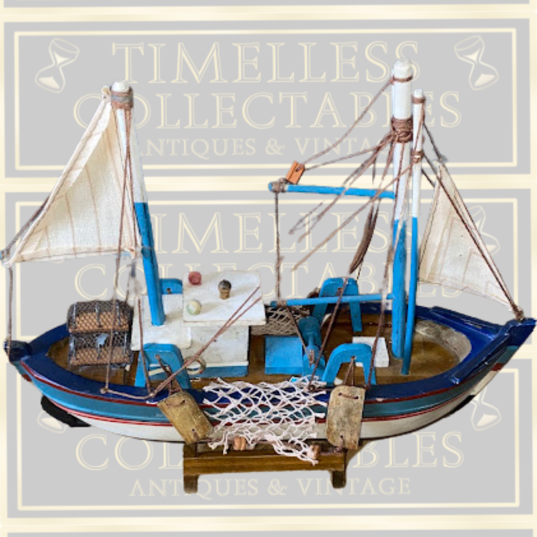 Vintage Handcrafted Wooden Model Fishing Trawler
